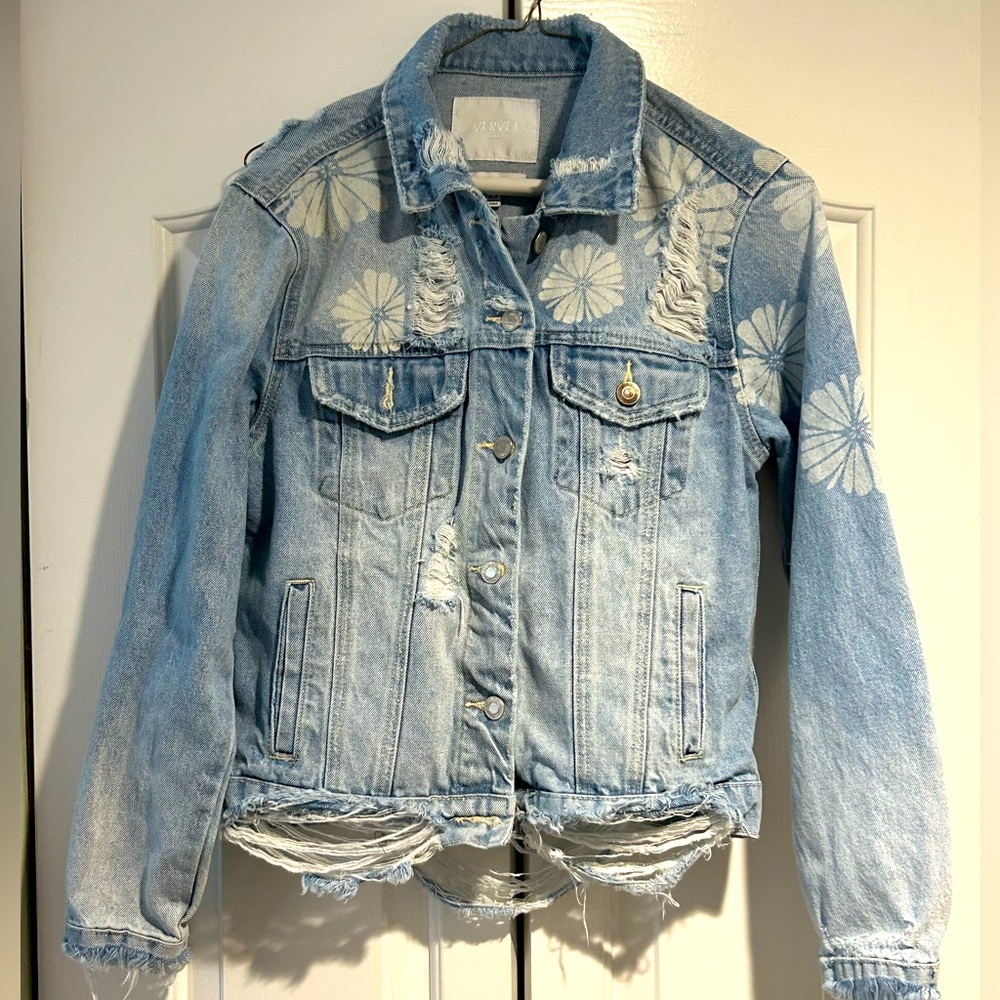 Vervet Blue Distressed Denim Jacket with Flower Details. Size XS